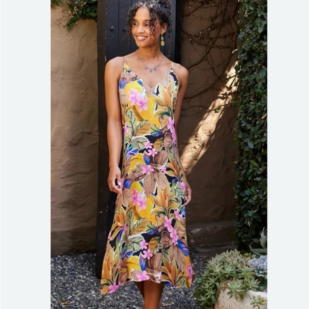 NWT Karen Kane Yellow Multi Tropical Print Side Slit Midi Dress Size XS